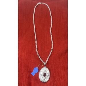 Whiting&Davis Vintage Silver Locket With Purple Stone 27 Inch Chain 2in Locket